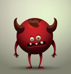Vector virus microbe, red. Cartoon image of the funny virus microbe red color with brown horns and brown hair, with two arms and two legs on a gray background.