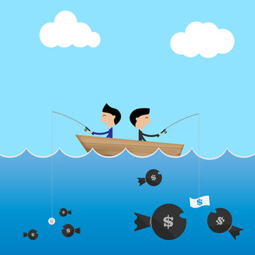 2 businessman in one boat use big and small dollar bait to catch