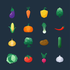Vector Icons Vegetables Flat Style Set Isolated over Dark Background