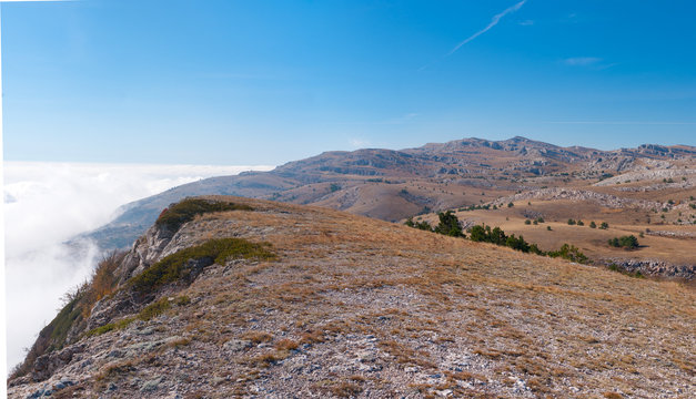 Autumnal landscape with Babuhan Yaila natural reserve in Crimean peninsula.