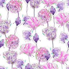Seamless pattern with pink, purple and violet flowers painted in watercolor on a white background