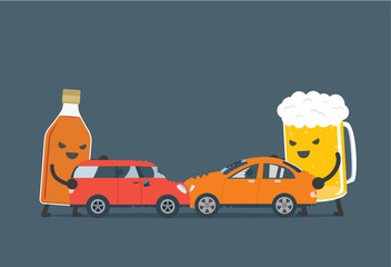 Alcohol and beer push a 2 car to make accident. This illustration meaning to drunk to driving which cause of car accident.