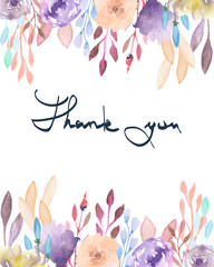 Frame border, template for postcard with purple and tender pink flowers painted in watercolor  on a white background, greeting card, decoration or invitation with inscription Thank you