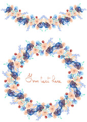 Circle frame, wreath and garland of blue and tender pink flowers and branches with the blue leaves painted in watercolor on a white background, greeting card, decoration postcard or invitation