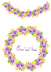 Circle frame, wreath and garland of purple and yellow flowers and branches with the green leaves painted in watercolor on a white background, greeting card, decoration postcard or invitation