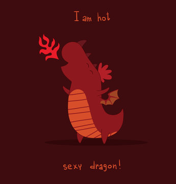 Vector cute dragon, red. Cartoon image of a cute red dragon on a dark red background. 