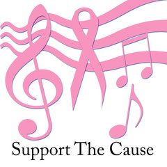 pink ribbon and music symbols on white illustration