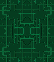 Vector floral seamless pattern green. Image of abstract background  consisting of a green branches of plants with leaves on a dark green background.