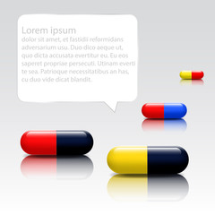 Medical pills colors with reflection shadow and bubble for text