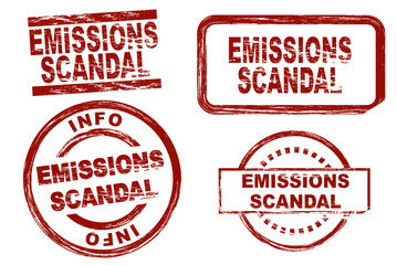 Set of stylized stamps showing the term emissions scandal. All on white background.