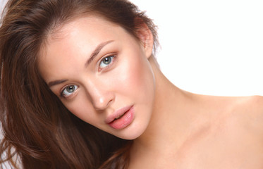 Close up portrait of beautiful young woman face. Isolated on white background