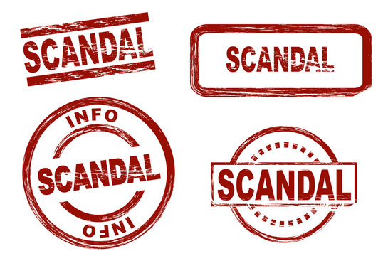 Set of stylized stamps showing the term scandal. All on white background.
