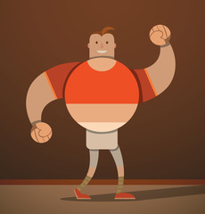 Vector big sportsman in red. Cartoon image of the big sportsman with the body in form of a circle in a red and white tracksuit on a dark brown background.