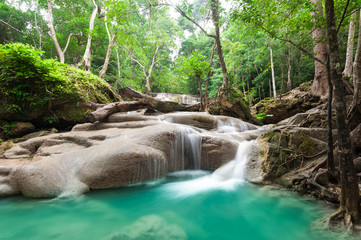 Deep forest waterfall at Erawan waterfall National Park Kanchanaburi, Thailand