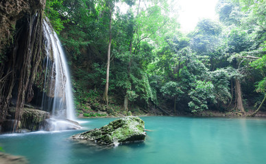Deep forest waterfall at Erawan waterfall National Park Kanchanaburi, Thailand