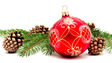 Fototapeta na wymiar Christmas decoration ball with fir cones