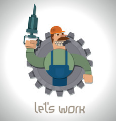 Vector cartoon image of a label in the form of gear with strong worker in blue overalls and an orange helmet with a jackhammer in his hand on a light gray background. 