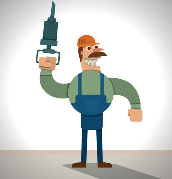 Vector strong worker with a jackhammer. Cartoon image of a strong worker in blue overalls and an orange helmet with a jackhammer in his hand on a light gray background.