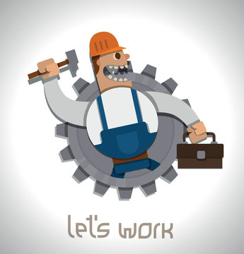 Vector cartoon image of a label in the form of gear with strong worker in blue overalls and an orange helmet with a hammer and a box of tools in his hands on a light gray background.
