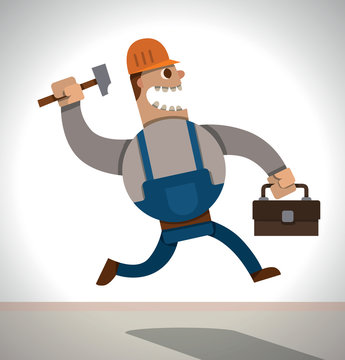 Vector strong worker with hammer. Cartoon image of a strong worker in blue overalls and an orange helmet with a hammer and a box of tools in his hands, running on a light gray background.