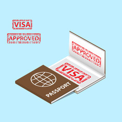 passport with approved visa stamp in a book isometric style