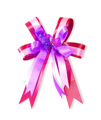 Decorative red & violet color ribbon bow on white background