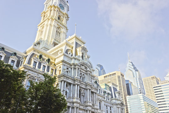 View of the French Second Empire styled Philadelphia City Hall & pyramidal spires of the Centre City skyline, Pennsylvania