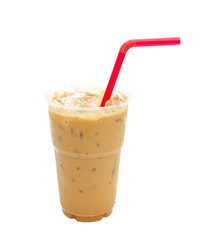 Iced coffee with straw in plastic cup isolated on white backgrou