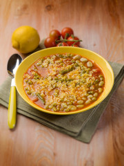 quadrucci soup traditional italian recipe, selective focus