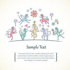 Cute illustration with hand drawn funny horses