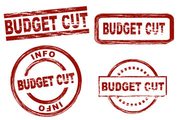 Set of stylized stamps showing the term budget cut. All on white background.