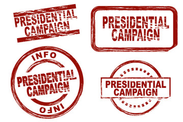 Set of stylized stamps showing the term presidential campaign. All on white background.