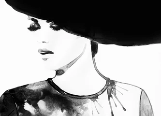 Papier Peint photo Visage aquarelle Beau visage. portrait de femme avec chapeau. aquarelle abstraite .fashion fond