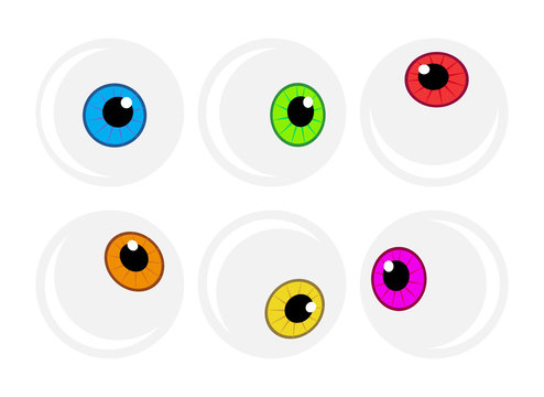 Halloween eyeball vector symbol set. Colorful cartoon clipart pupil, eye illustration isolated on white background.