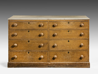 Old original vintage wooden pine painted bureau, chest 