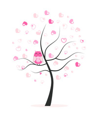 Made of hearts tree with owl vector background