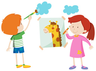 Boy and girl painting the room