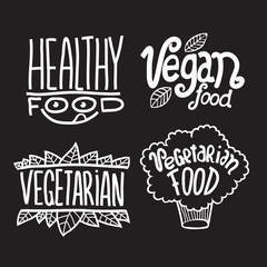 Cartoon doodle vector hand drawn logotype sticker. Vegetarian, healthy, vegan food.