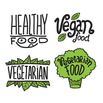 Cartoon Doodle Vector Hand Drawn Logotype Sticker. Vegetarian, Healthy, Vegan Food.