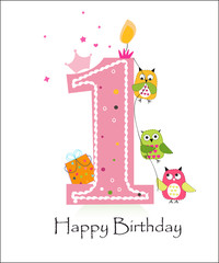 Happy first birthday with owls baby girl greeting card vector