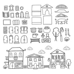 Cartoon vector houses constructor. Isolated elements kit. City creator. Make your perfect city.