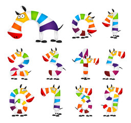 Fototapeta na wymiar Collection of Numbers. Made Of colorful animal cartoon rainbow zebra. Vector
