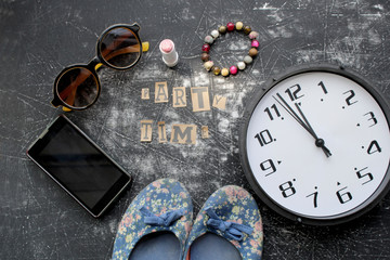 Things for party time concept - phone, shoes, clock, bracelet, sunglasses and lipstick