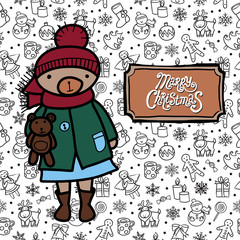 Cartoon vector character teddy bear. Greeting card with Merry Christmas text in frame. On seamless pattern background.