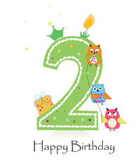 Happy second birthday candle with owls greeting card vector