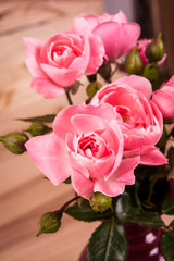 Pink roses in a vase on wooden background