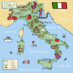 Cartoon vector map of Italy for kids.
