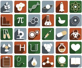 A set of different colored science icons.