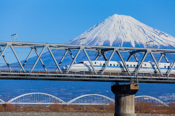 Fototapeta premium View of Mt Fuji and Tokaido Shinkansen, Shizuoka, Japan..