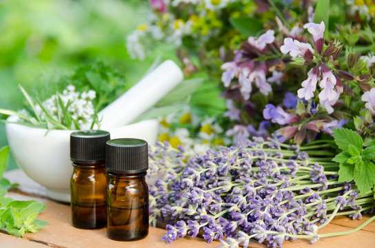 Essential Oils With Herbal Flowers For Aromatherapy Treatment